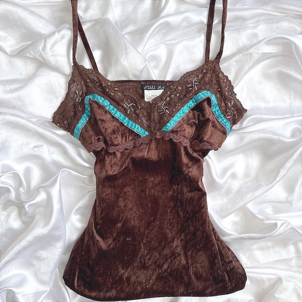 Nikki Mae Brown Crushed Velvet Beaded Lace Trim Cami Top Turquoise Accent M